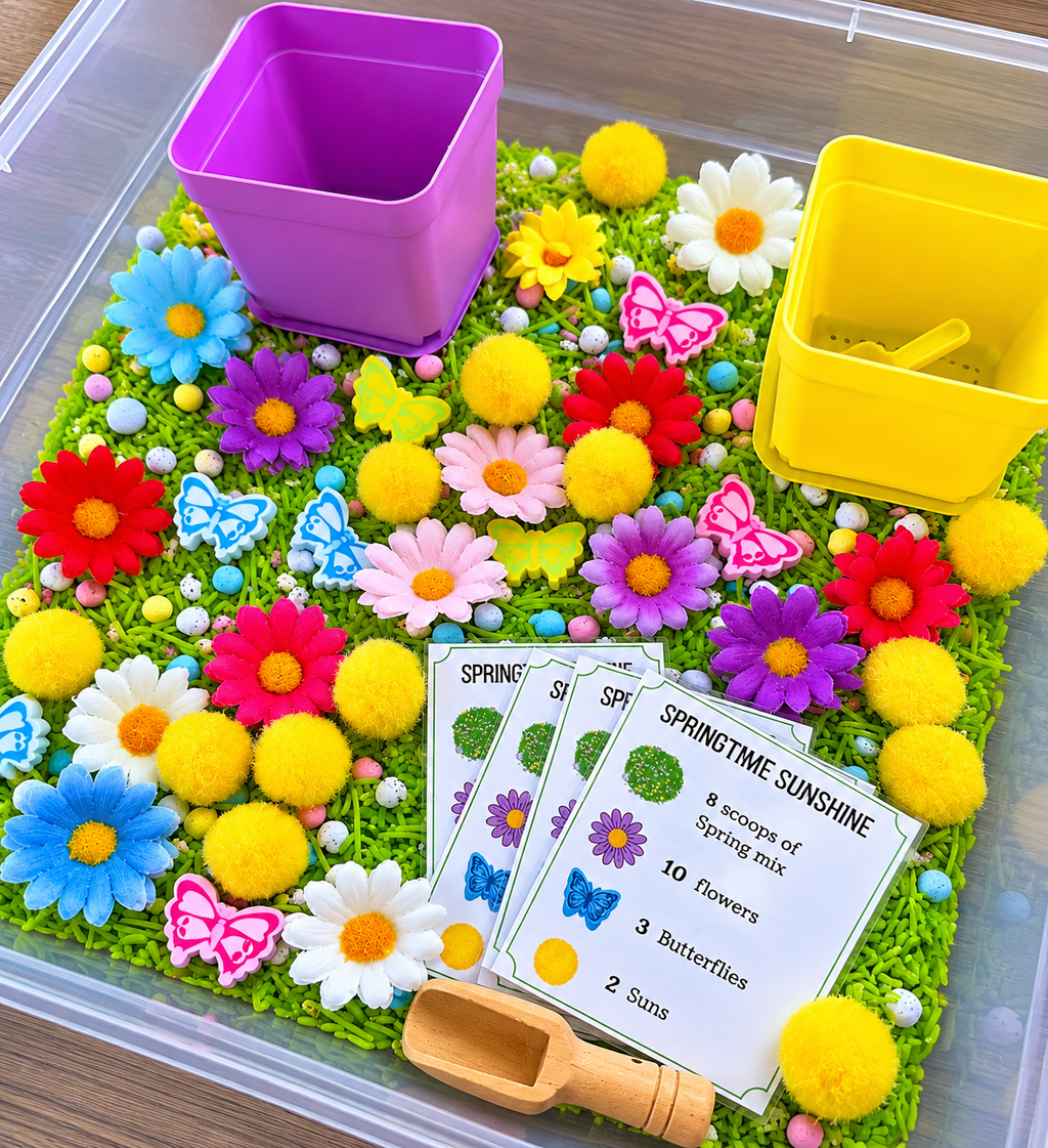Flower Garden Sensory Bin Kit — Taste-Safe Rice with Blooms, Butterflies & Planter Pots | Screen-Free Montessori Play for Ages 3+ | Handmade in Texas