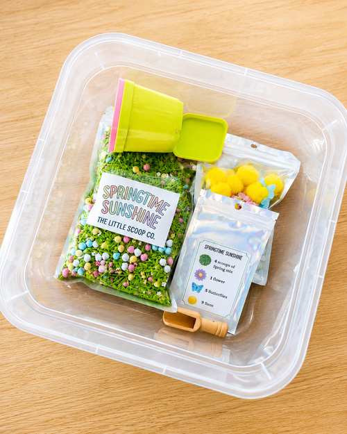 Springtime Bloom Kit - spring sensory rice mix with planter pots, butterflies and wooden scoop in storage bin